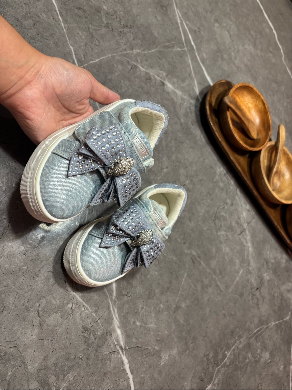 Kurt Geiger Girls Light Blue Rhinestone Bow Slip-Ons